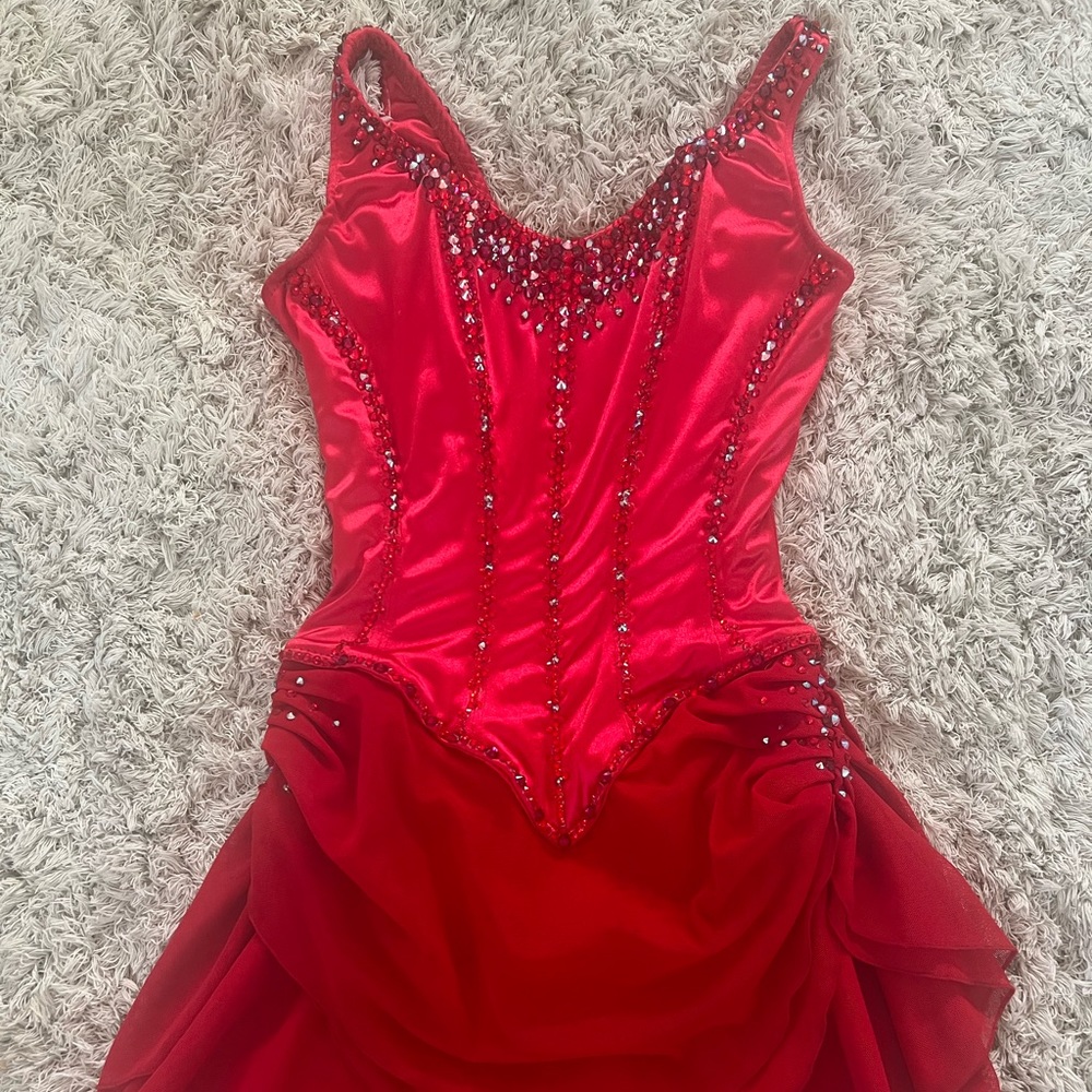 Red satin Swarovski figure skating dress
